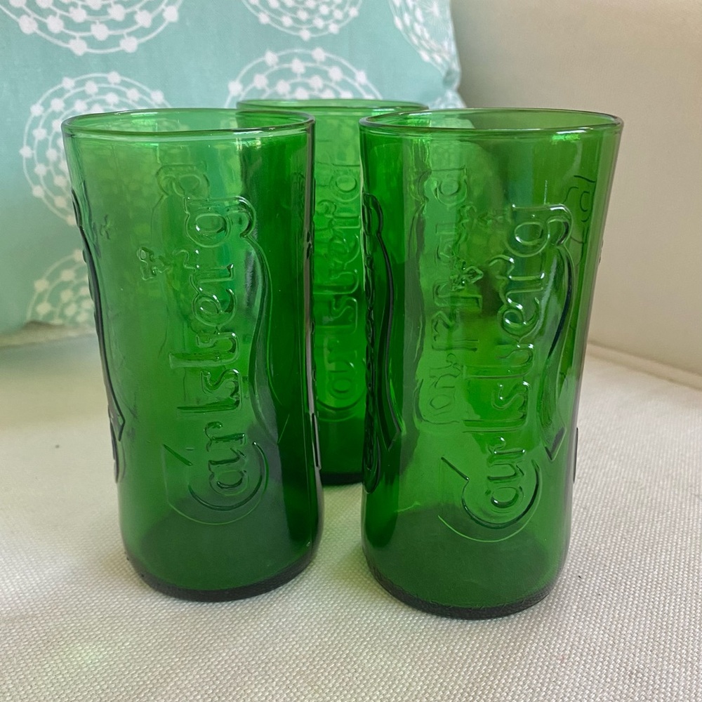 3 VTG Carlsberg Beer Bar Pub Glasses Danish Raised Embossed Logo Green 8oz